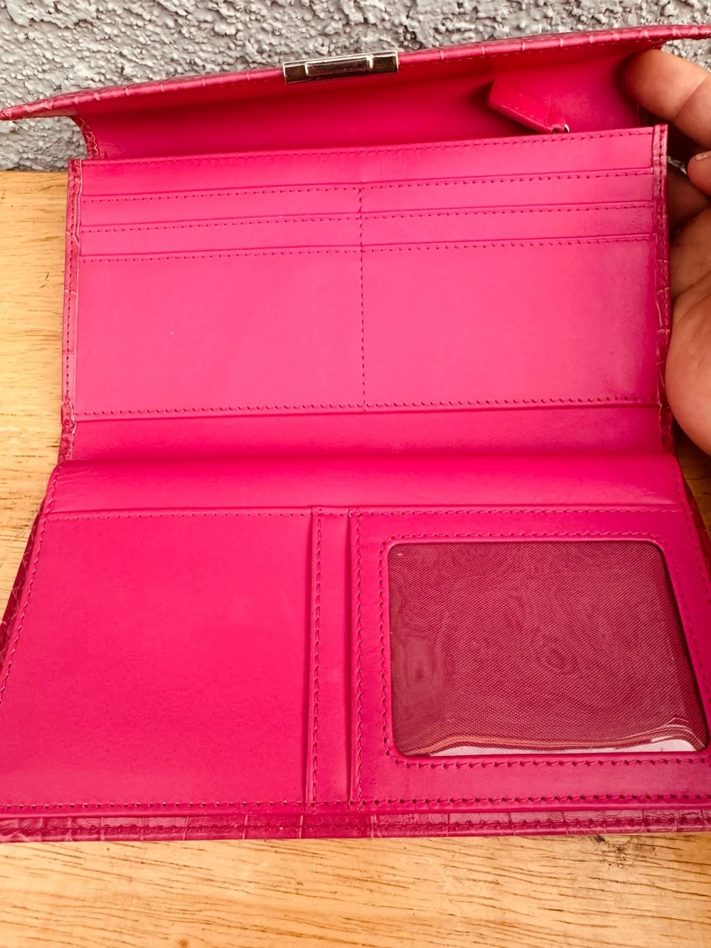 Lauren Ralph Lauren Pink Magenta Crocodile Embossed Leather Wallet Clutch